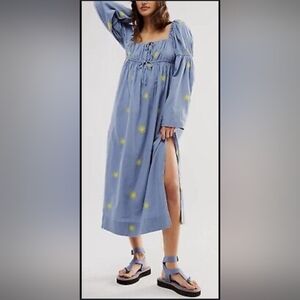 Free People Emory Embroidered Midi Dress in Blue Combo